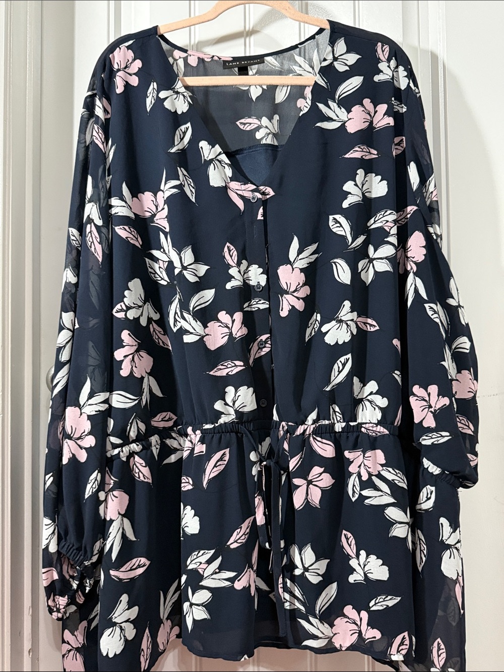 Lane Bryant Navy Floral Drawstring Peasant Blouse